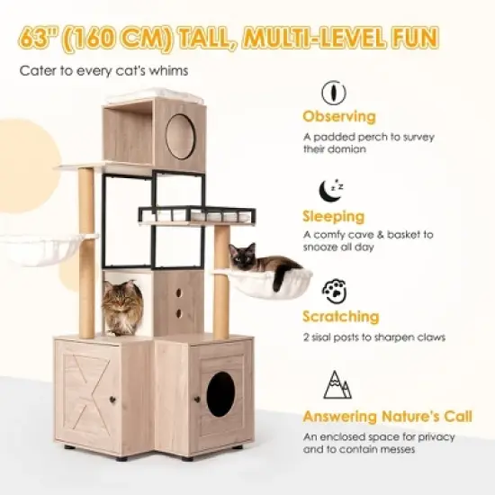 Whisen Cat Tree & Cat Bed with Litter Box Enclosure, Scratching Post, Cat Teaser Ball, Anti-Slip Mat - White+Gray image {3}