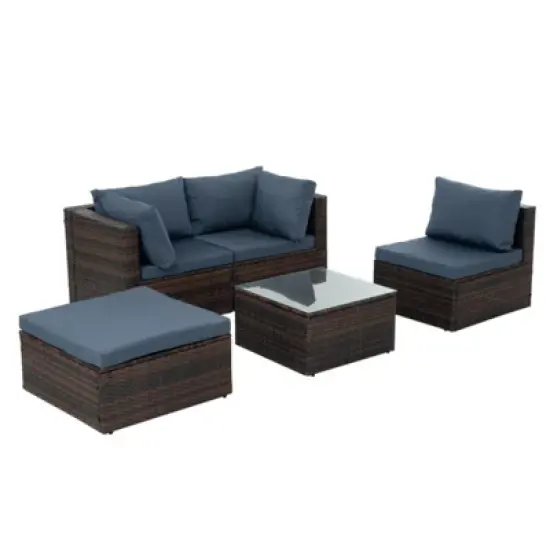 GlasFlength 5PCS Patio Seating Rattan Furniture Set Sectional Sofa Cushioned Garden, Tempered Glass Table, Blue, 28.94"*28.55"*24.8" image {5}