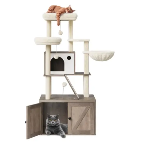 COZONY Cat Tree with Litter Box Enclosure, Hidden Cat Washroom Furniture with Condo, Large Platform, Sisal Scratching Posts & Removable Cushion image {7}