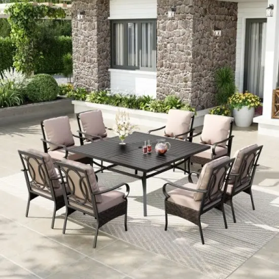 Captiva Designs 9pc Spacious Slat-top Square Metal Table & Rattan Metal Chairs with Thick Cushions image {15}