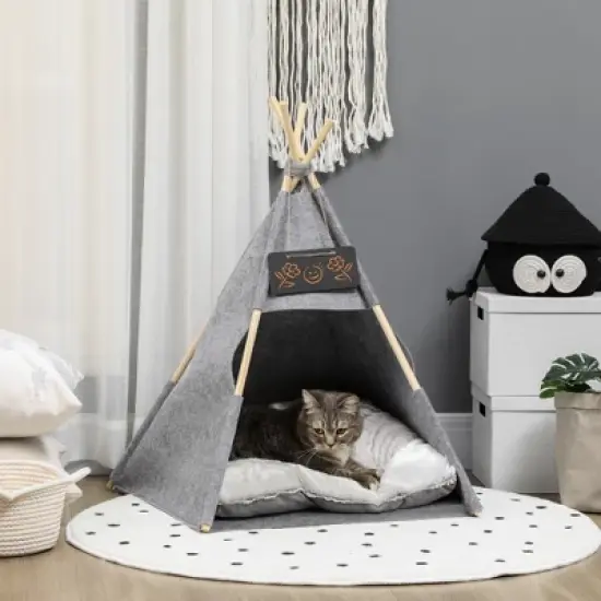PawHut Pet Tent Cat Cave Small Dog Bed with Thick Cushion, Name Chalkboard for Kitten and Puppy gray image {1}
