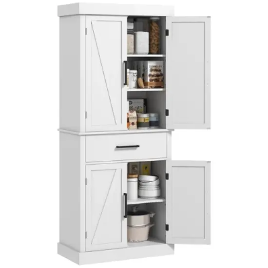 Gulches Farmhouse 72" Tall Freestanding Kitchen Pantry Cabinet - 4 Barn Doors, Drawer, 5-Tier & Adjustable Shelves, White 30"W x15.8"D x72"H image {10}