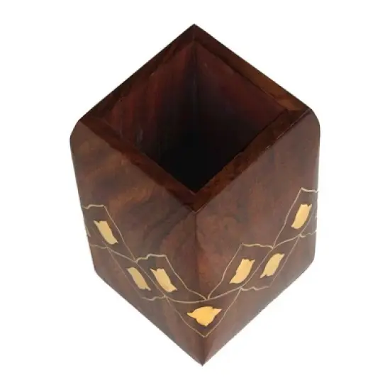 Store Indya Wooden Pen Pencil Office Stationary Holder Stand Hand Carved with Intricate Brass Inlay Design image {2}