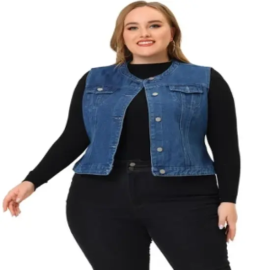 Agnes Orinda Plus Size Denim Vest for Women Button Down Collarless Jean Vest image {2}