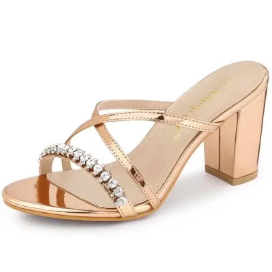 Allegra K Women's Crisscross Strap Rhinestone Block Heel Slide Sandals image {8}