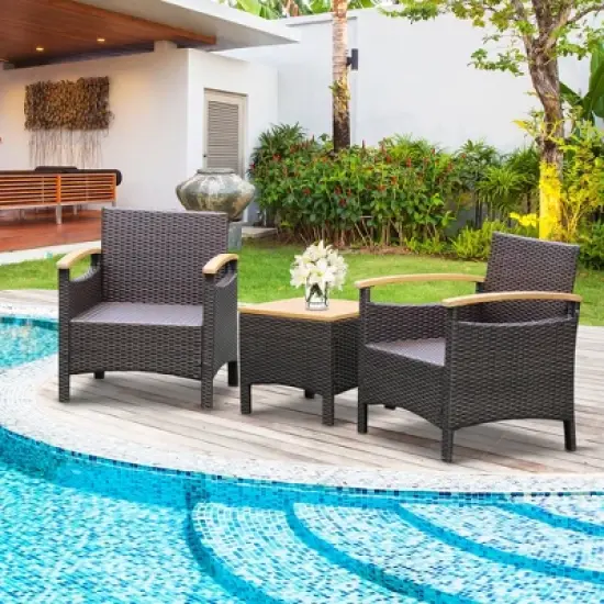 Tangkula 3PCS Patio PE Rattan Conversation Furniture Set Bistro Set Acacia Wood Tabletop image {2}