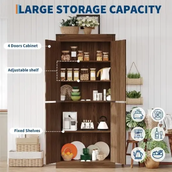 71" Farmhouse Pantry Cabinet w/ 4 Barn Doors & Adjustable Shelves - Freestanding Rustic Storage for Kitchen or Multi-Room Use, Tall Cupboard image {3}