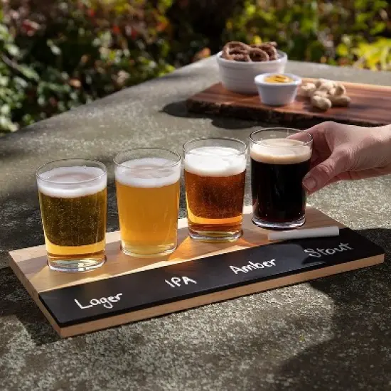 Beer Tasting Flight Sampler Board - Includes Four 6oz Pilsner Craft Brew Glasses & Wooden Paddle w Chalkboard - Great for Game Night & Taste Testing image {4}