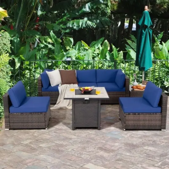 Costway 7PCS Patio Rattan Furniture Set 30'' Fire Pit Table Cover Cushion Sofa Off White\Black\Navy\Red\Turquoise image {10}