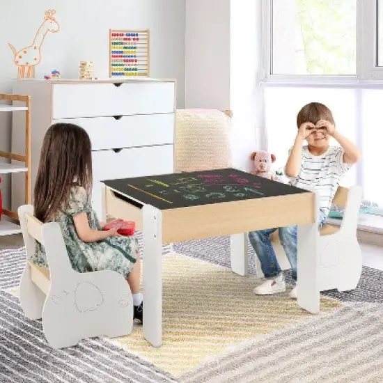 Yinvani 4-in-1 Wooden Activity Kids Table and Chairs with Storage and Detachable Blackboard image {6}