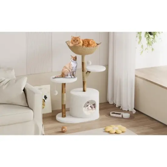 Modern Wood Cat Tree Tower for Large Cats, Luxury Pear Wood Condo, Platforms, Scratching Posts, All-Season Mats, 43" Cat Furniture image {6}