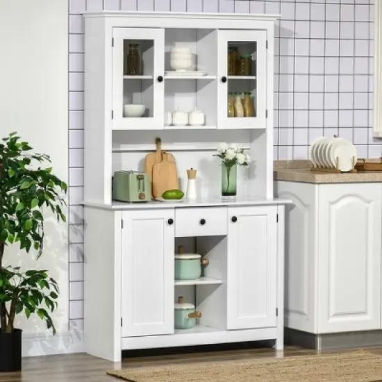 HOMCOM Freestanding Rustic Buffet with Hutch, 4 Doors Farmhouse Kitchen Pantry Cabinet, Microwave Stand with Beadboard Panel, Drawer, White image {1}