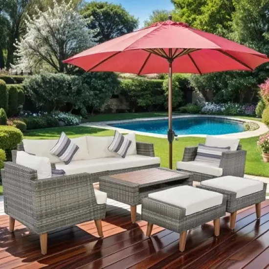 ELJGET 6 Pieces Wicker Patio Furniture Sets Outdoor Conversation Set, All Weather PE Rattan Sectional Sofa Couch with Storage Table and Cushions image {2}