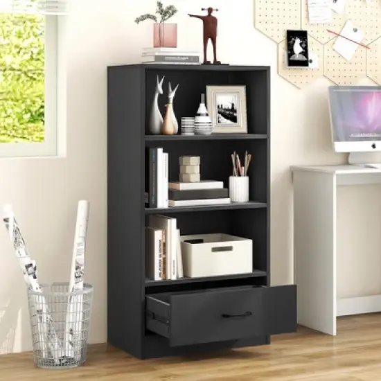 Costway 4-Tier Bookcase 48'' Display Bookshelf Storage Organizer with Shelves & Drawer Grey/White/Natural image {2}