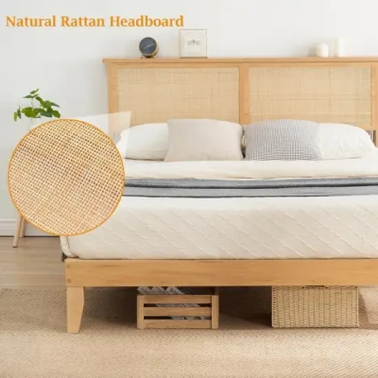 Rattan Bed Frame with Natural Rattan Headboard, Bed Frame with LED Lights, Rattan Bed Frame with Headboard, Solid Wood Foundation with Silent Slats image {5}