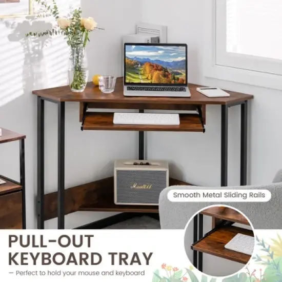 Costway Triangle Corner Computer Desk Small Space Study Desk Home Office w/Keyboard Tray image {7}
