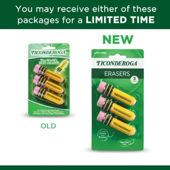 Ticonderoga&reg; Erasers, Pencil Shaped, Yellow, 3 Per Pack, 6 Packs image {4}