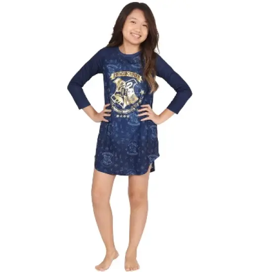 HARRY POTTER Hermione Hogwarts Logo Ravenclaw House Crest Raglan Sleepshirt Pajama Nightgown Blue image {1}