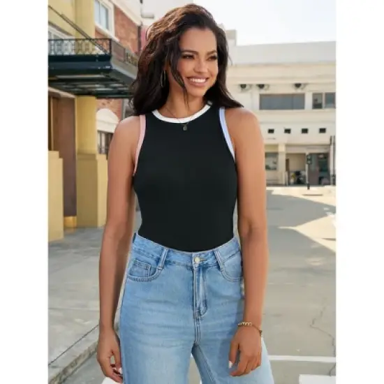 ATHLECHIC Women's Ribbed Summer Crew Neck Sleeveless Casual Fitted Tank Tops image {1}