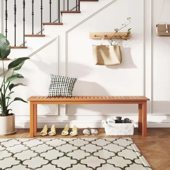 Costway 59" Long Patio Dining Bench with Teak Oil Finish & Slat Seat Accent Entryway Bench image {3}