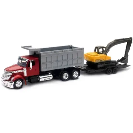 International Lonestar Dump Truck Red and Tracked Excavator Yellow w/Flatbed Trailer 1/43 Diecast Model by New Ray image {1}