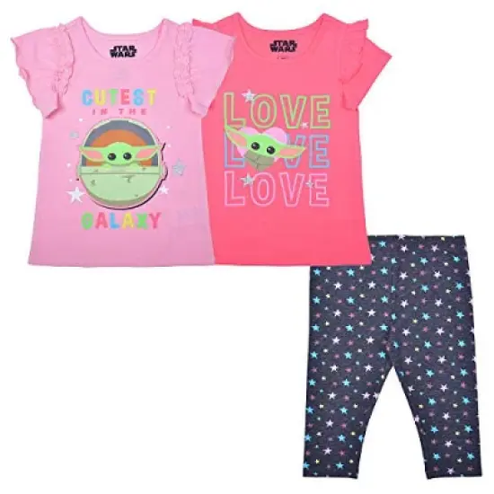 Star Wars Girl's Baby Yoda 3 Piece Casual Wear Coordinates, Ruffled T-Shirts and Legging Pants Set for kids image {6}