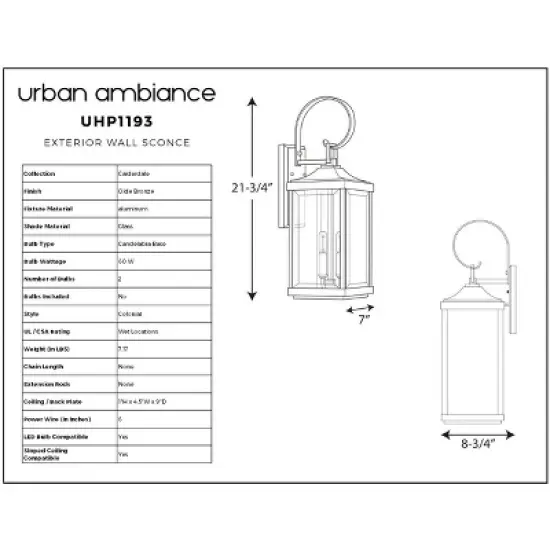 Urban Ambiance Luxury Colonial Outdoor Wall Light,  21-3/4" x 7",  Olde Bronze Finish, UHP1193 image {7}