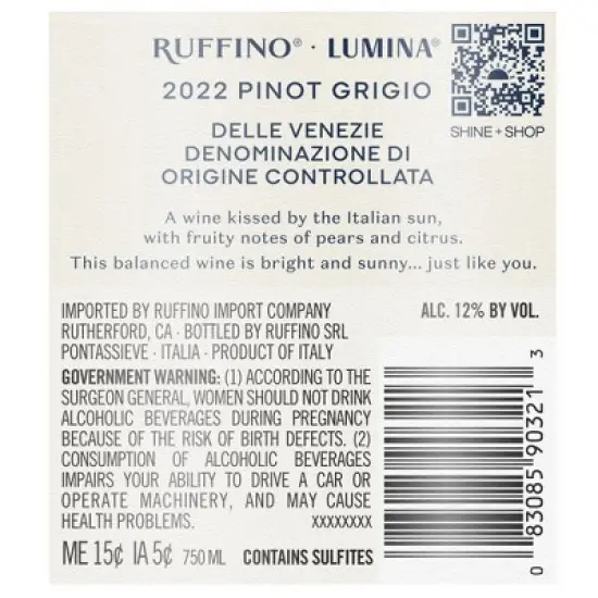 Ruffino Lumina DOC Pinot Grigio Italian White Wine - 750ml Bottle image {15}