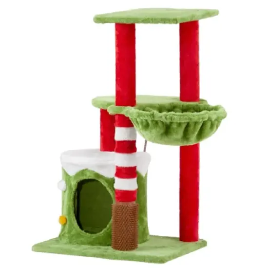phiestina 32in Cat Scratching Posts Tower, Christmas Themed Plush Cat Tree with Hammock, Cat Massage Brush, Activity Center for Indoor Cats image {10}