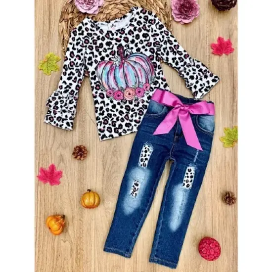 Girls Pastel Pumpkin Leopard Patched Jeans Set Mia Belle Girls, Leopard, 4T image {4}