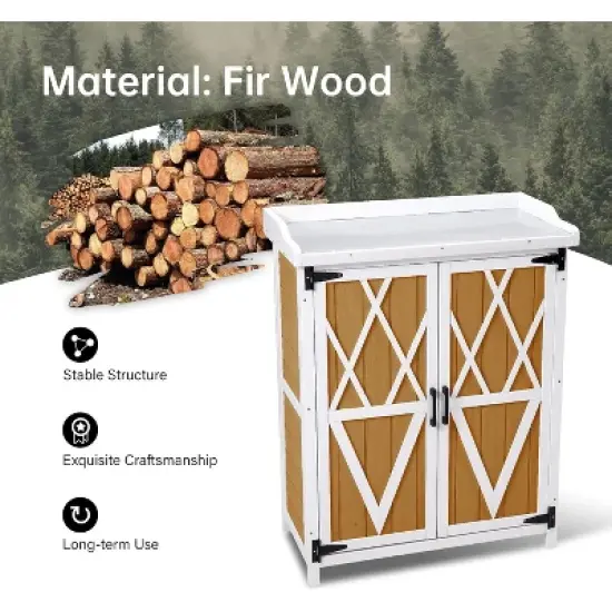 Potting Bench Outdoor Cabinet with Metal Tabletop, Wooden Storage Cabinets Weatherproof for Outside, Planting Work Benches image {3}