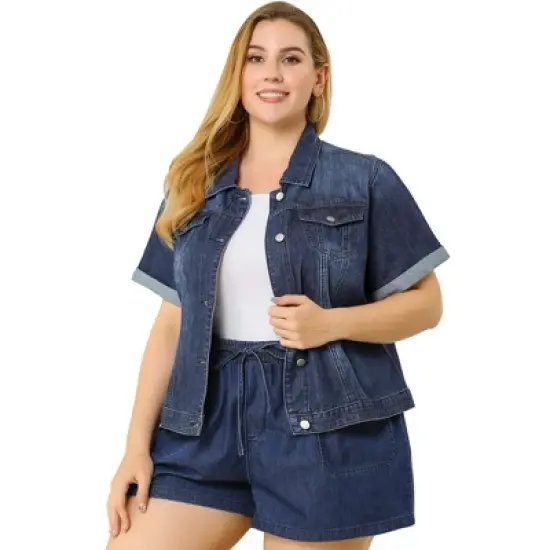 Agnes Orinda Women's Plus Size Denim Button Front Crop Short Sleeve Trucker Jean Jackets image {6}