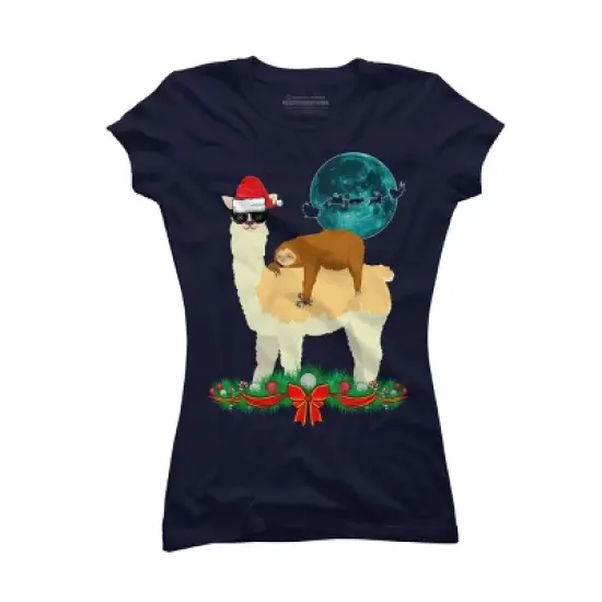 Junior's Design By Humans Llama With Glasses Sleeping Sloth Christmas Santa By TeeShirtMadness T-Shirt image {4}