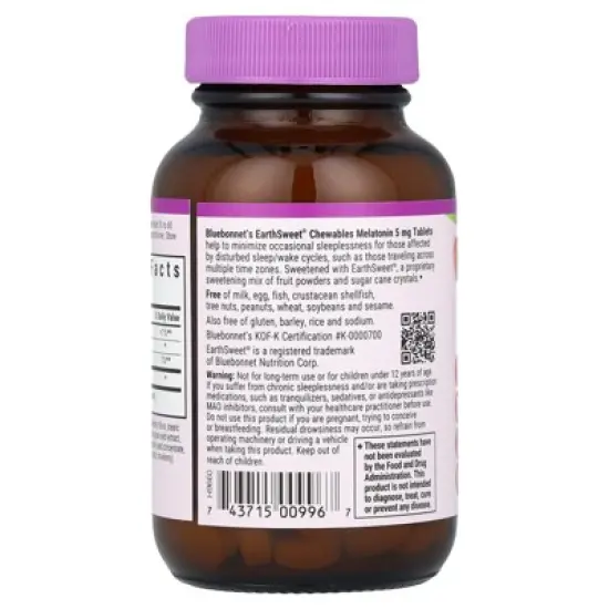 Bluebonnet Nutrition Earth Sweet&reg; Chewables, Melatonin, Raspberry, 5 mg, 60 Chewable Tablets image {2}