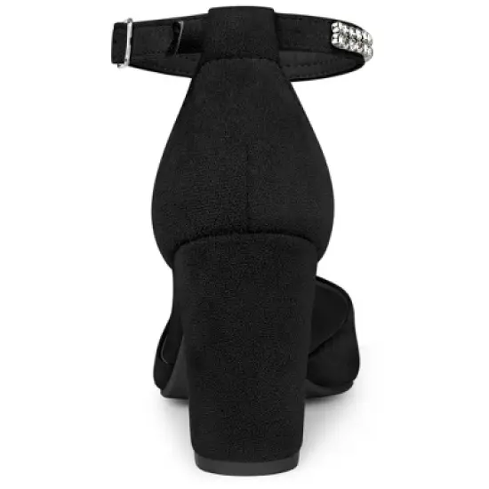 Allegra K Women's Pointed Toe Rhinestone Ankle Strap Chunky Heels Pumps image {2}