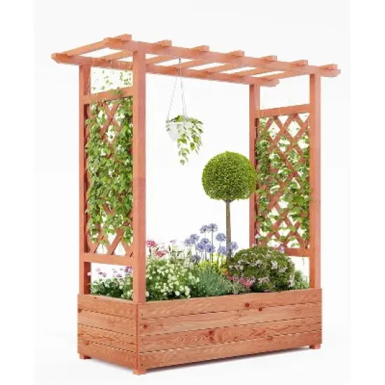 Raised Garden Bed With Trellis, Wood Planter Box With Side Trellis, Hanging Roof, and Drainage Holes, for Climbing Plants, Vines, Flowers image {1}