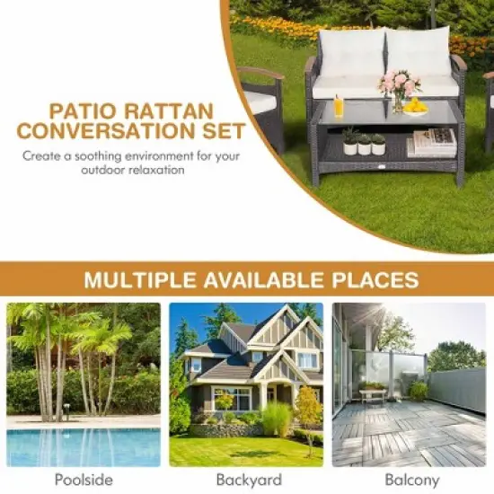 Costway 4PCS Patio Rattan Furniture Set Cushioned Sofa Storage Table Off image {5}