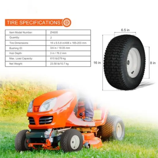 VEVOR Lawn Mower Tires with Rim, 16x6.5-8" Tubeless Tractor Tires, 2-Pack Tire and Wheel Assembly, Turf Pneumatic Tires, 3" Offset Hub, Black image {7}
