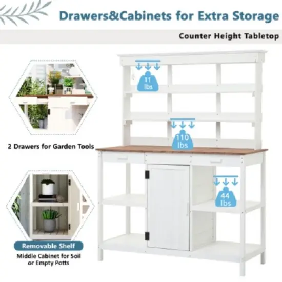 Garden Potting Table with Storage: 66" Farmhouse Design, 2 Drawers, Cabinet, Shelves image {2}