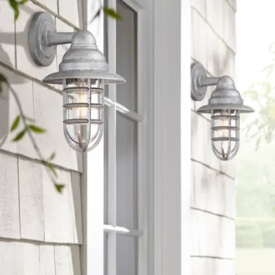 John Timberland Marlowe 13 1/4" High Farmhouse Rustic Hooded Cage Outdoor Wall Light Fixture Mount Porch House Set of 2 Galvanized Clear Glass Shade image {8}