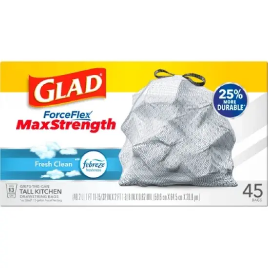 Glad ForceFlex MaxStrength Tall Kitchen Drawstring Trash Bags - White Febreze Fresh Clean - 13 Gallon/45ct image {6}