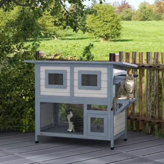 PawHut Outdoor Cat House, 2 Tier Weatherproof Feral Cat Shelter with Escape Door, Asphalt Roof for Outside, Backyard, Light Gray image {2}