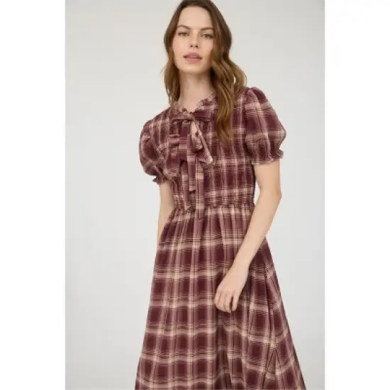August Sky Women's Plaid Front Tie Smocked Midi Dress image {3}