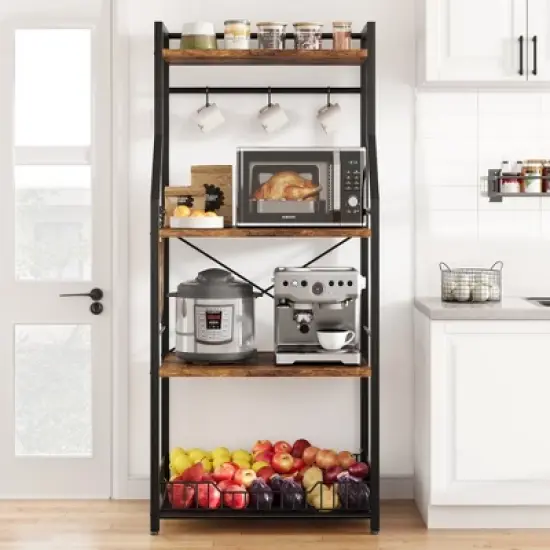 Bakers Rack, Microwave Oven Stand with Large Wire Basket, 4-Tier Kitchen Utility Storage Shelf with 8 Hooks for Spice, Pots Organizer image {4}