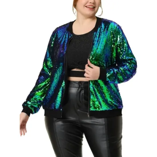 Agnes Orinda Women's Plus Size Party Metallic Sequin Sparkle Zip Bomber Jackets image {7}