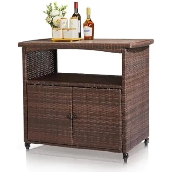 VINGLI Wicker Outdoor Bar Cart with Storage & Rolling Wheels, Patio Bar Table, Outdoor Storage Cabinet Buffet Cabinet Grill Cart for BBQ Pool Patio image {7}