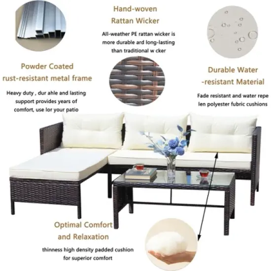 FIONECA 4-Piece Outdoor Patio Wicker Conversation Set, Rattan Sectional Sofa with Beige Cushions & Coffee Table image {4}