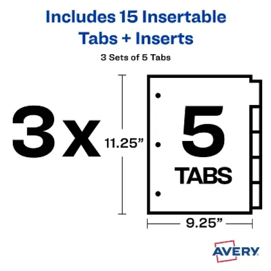 Avery Dividers for 3 Ring Binders, 5-Tab Binder Dividers, Two-Pocket Plastic Binder Dividers, Insertable Big Tab, Multicolor, 3 Sets (71906) image {7}