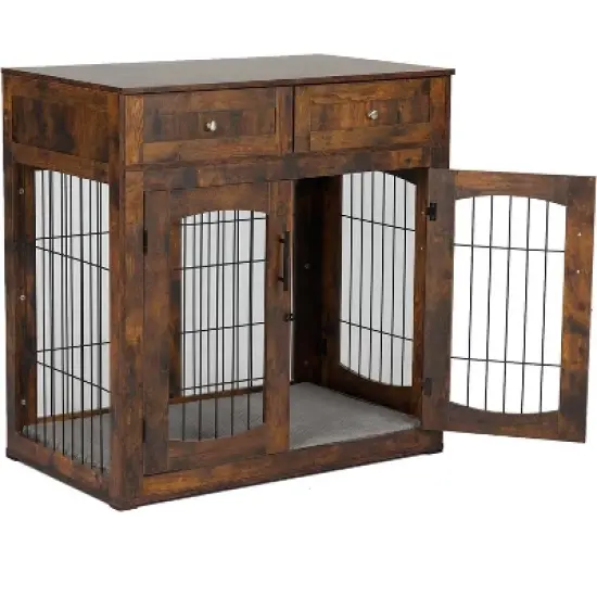 Wooden Dog Crate End Table with 3 Doors, 2 Drawers & Cushion | Furniture-Style Kennel for Small Large Breeds image {8}