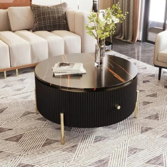 31.5" Modern Round Coffee Table, Accent Table with Marble Pattern Tabletop, Center Sofa Table for Living Room Apartment Office Balcony image {1}